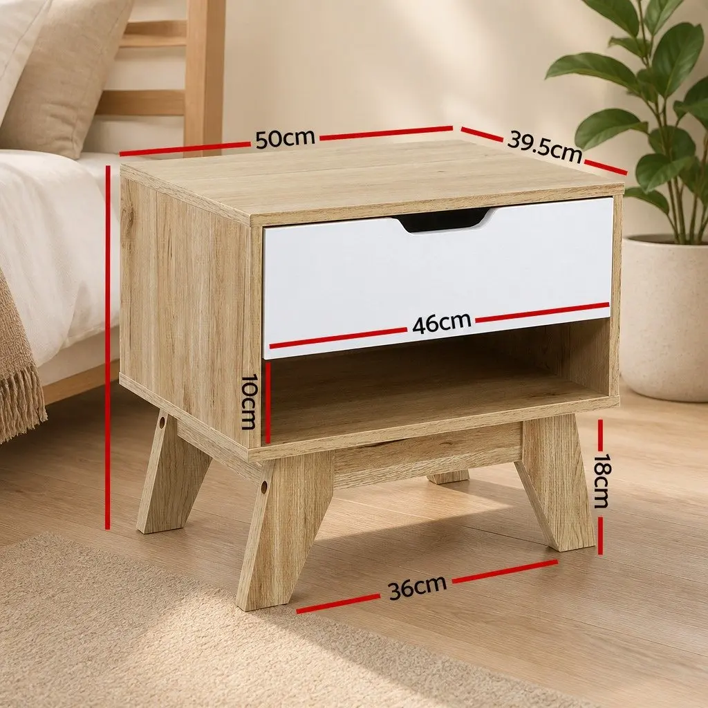 Bedside Table Two-Tone White Oak 50cm Particle Board Nightstand with Drawer and Shelf