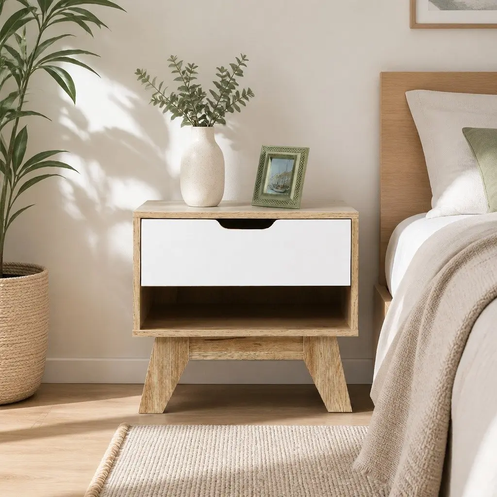 Bedside Table Two-Tone White Oak 50cm Particle Board Nightstand with Drawer and Shelf