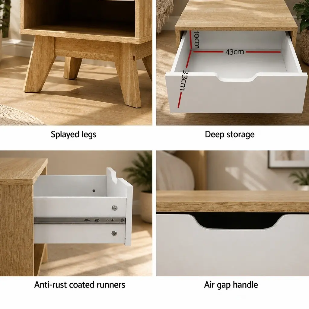 Bedside Table Two-Tone White Oak 50cm Particle Board Nightstand with Drawer and Shelf