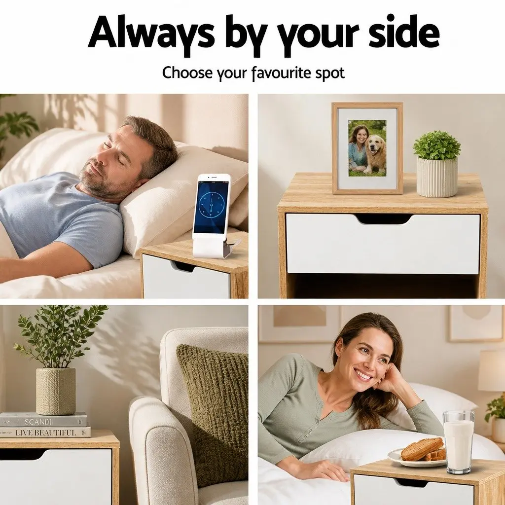 Bedside Table Two-Tone White Oak 50cm Particle Board Nightstand with Drawer and Shelf