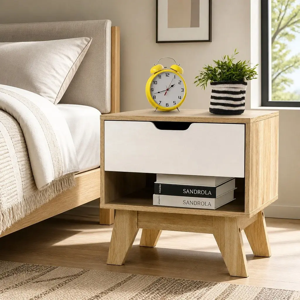 Bedside Table Two-Tone White Oak 50cm Particle Board Nightstand with Drawer and Shelf