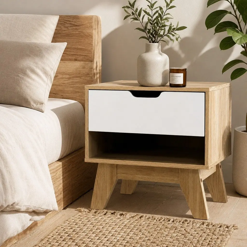 Bedside Table Two-Tone White Oak 50cm Particle Board Nightstand with Drawer and Shelf