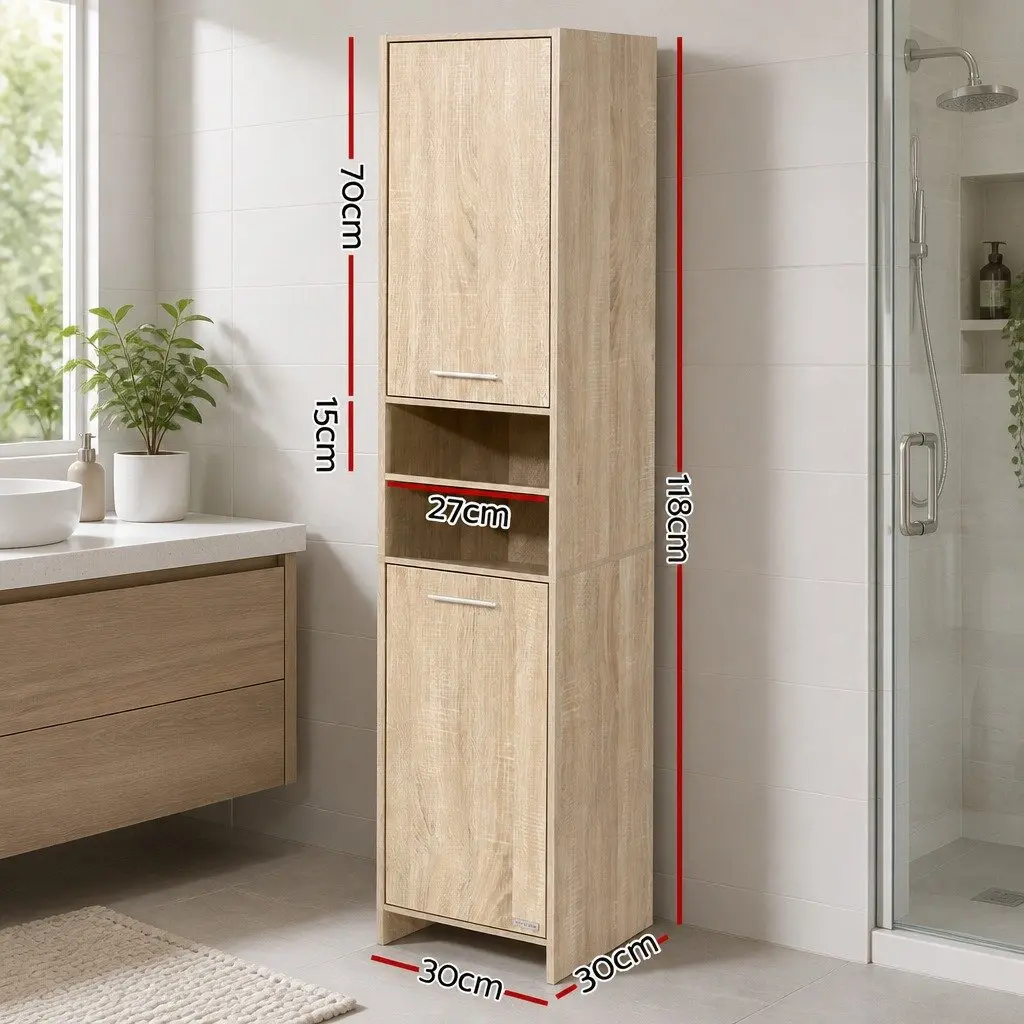 Tall Bathroom Cabinet Oak Wooden Storage Unit 185cm Space-Saving Shelving