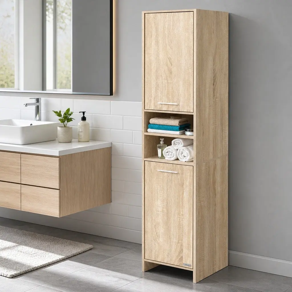 Tall Bathroom Cabinet Oak Wooden Storage Unit 185cm Space-Saving Shelving