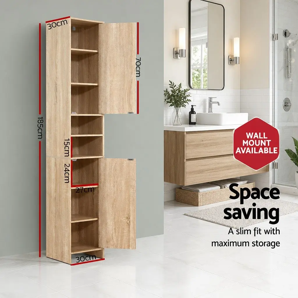 Tall Bathroom Cabinet Oak Wooden Storage Unit 185cm Space-Saving Shelving