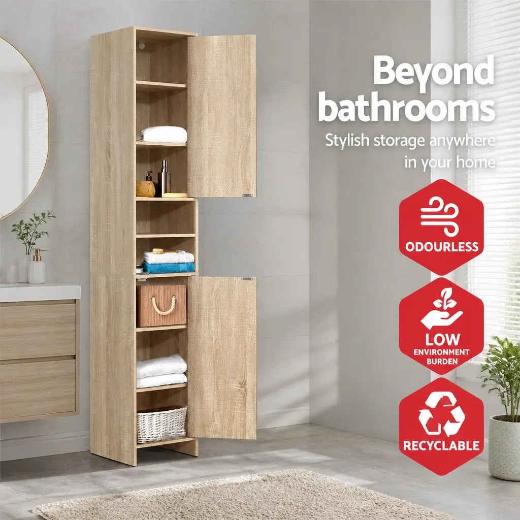 Tall Bathroom Cabinet Oak Wooden Storage Unit 185cm Space-Saving Shelving