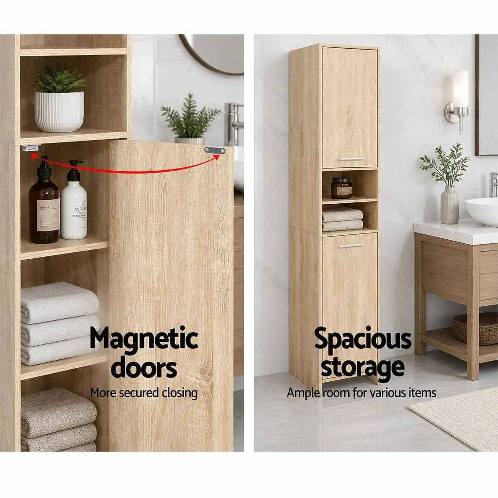 Tall Bathroom Cabinet Oak Wooden Storage Unit 185cm Space-Saving Shelving