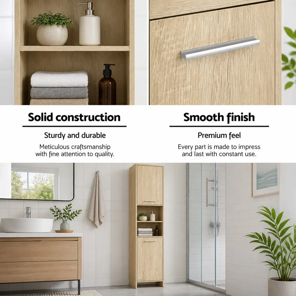 Tall Bathroom Cabinet Oak Wooden Storage Unit 185cm Space-Saving Shelving