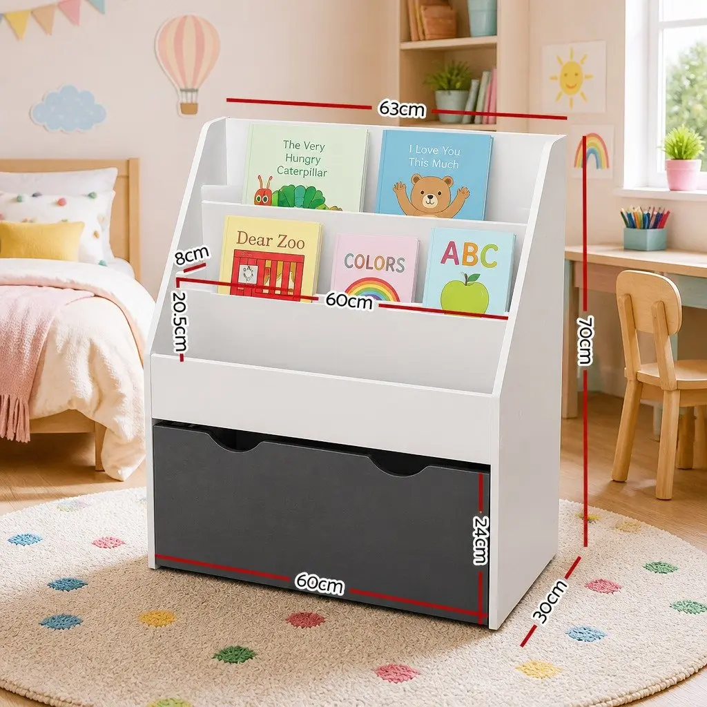 Kids Bookshelf 3 Tier Storage Organiser Bookcase with Removable Toy Box White or Grey