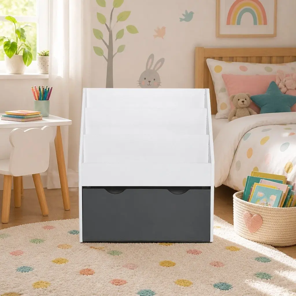Kids Bookshelf 3 Tier Storage Organiser Bookcase with Removable Toy Box White or Grey