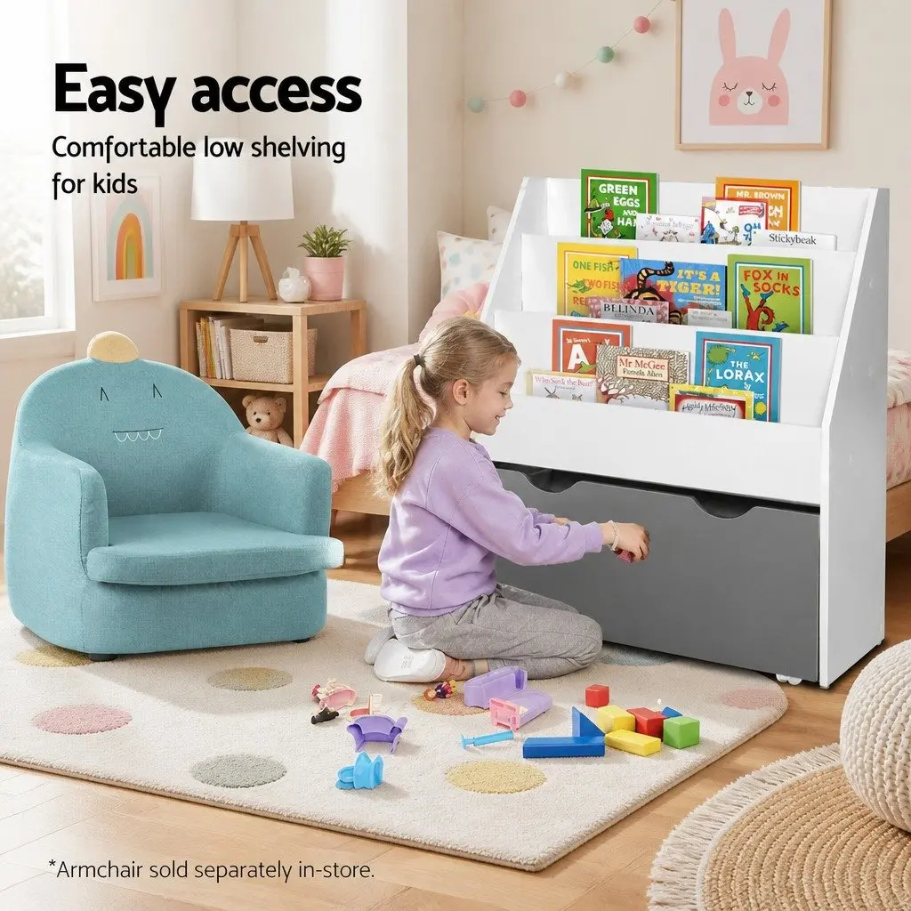 Kids Bookshelf 3 Tier Storage Organiser Bookcase with Removable Toy Box White or Grey