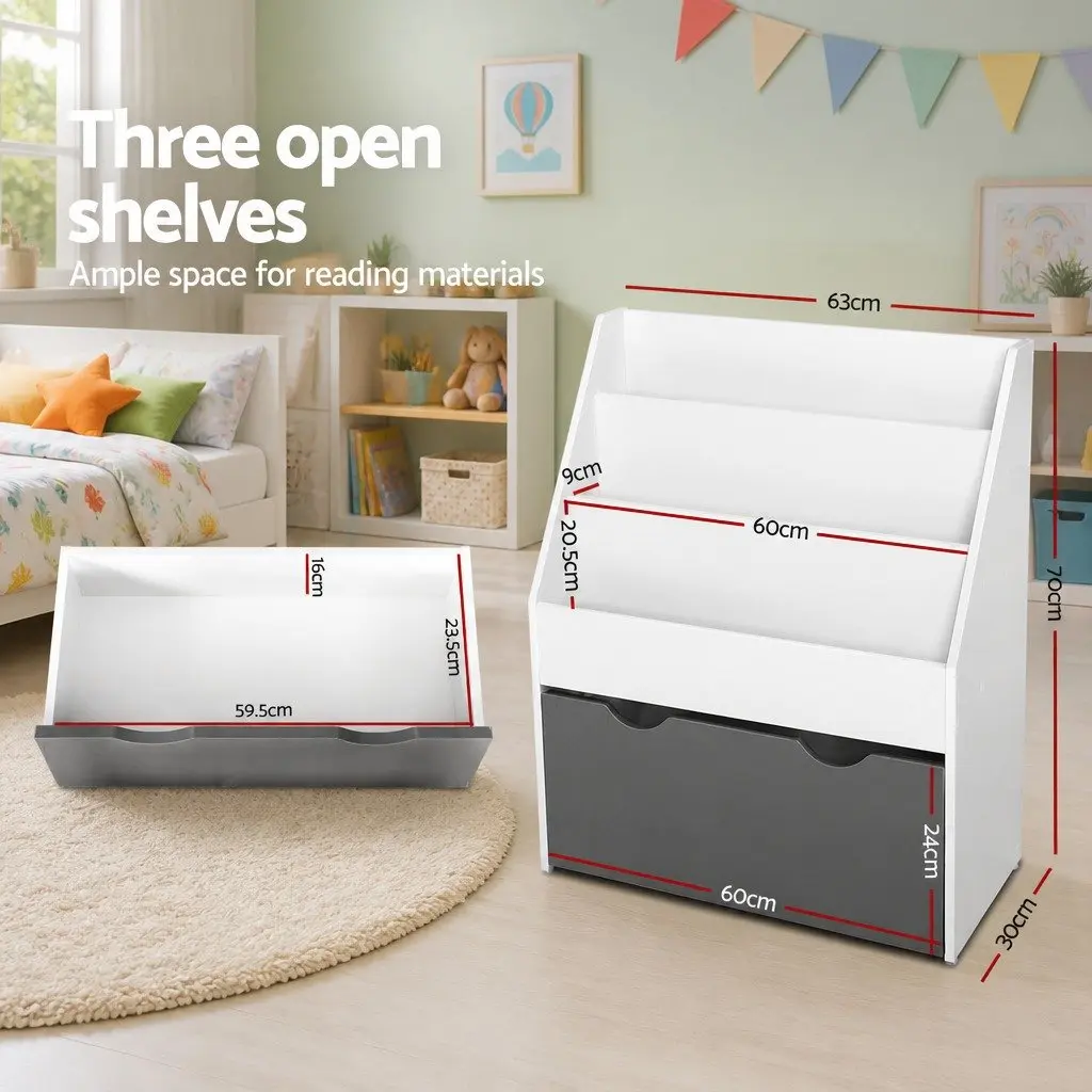Kids Bookshelf 3 Tier Storage Organiser Bookcase with Removable Toy Box White or Grey