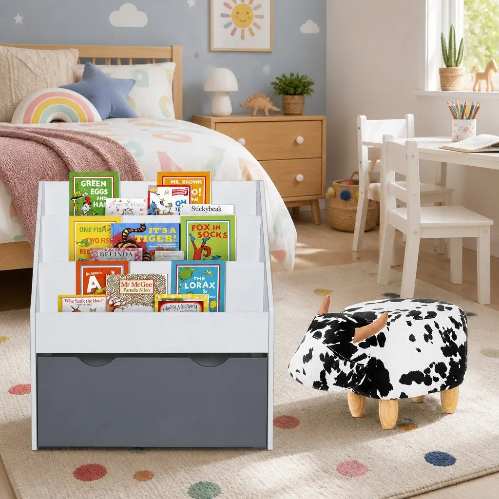 Kids Bookshelf 3 Tier Storage Organiser Bookcase with Removable Toy Box White or Grey