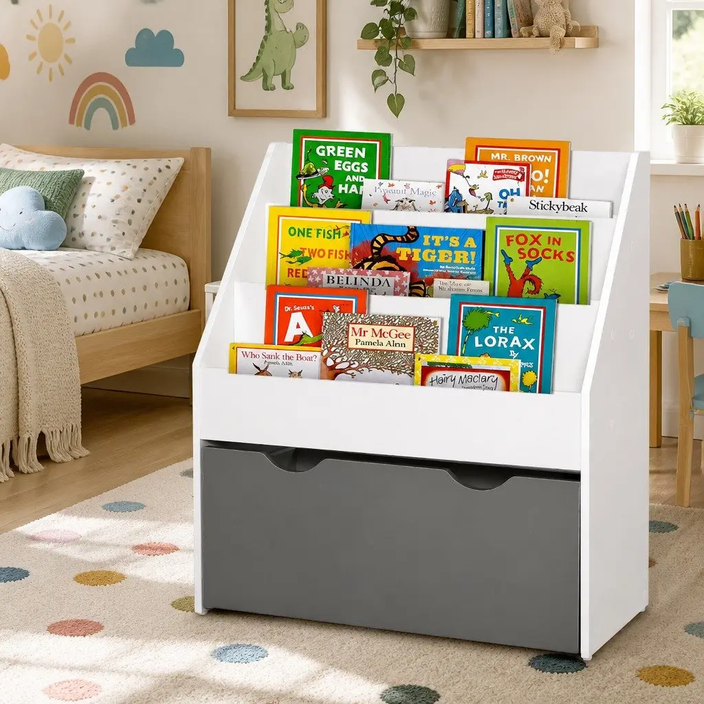 Kids Bookshelf 3 Tier Storage Organiser Bookcase with Removable Toy Box White or Grey