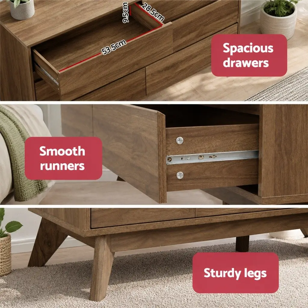 Chest of Drawers 6 Drawer Tallboy Dresser Walnut Bedroom Storage Cabinet
