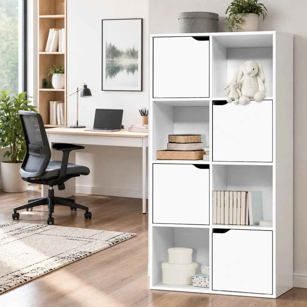 8 Cube Display Shelf White Storage Bookcase 4 Doors Open Shelves Modern Design