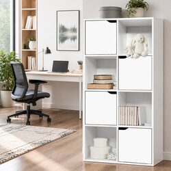 Modern 8-Cube White Display Shelf with 4 Doors