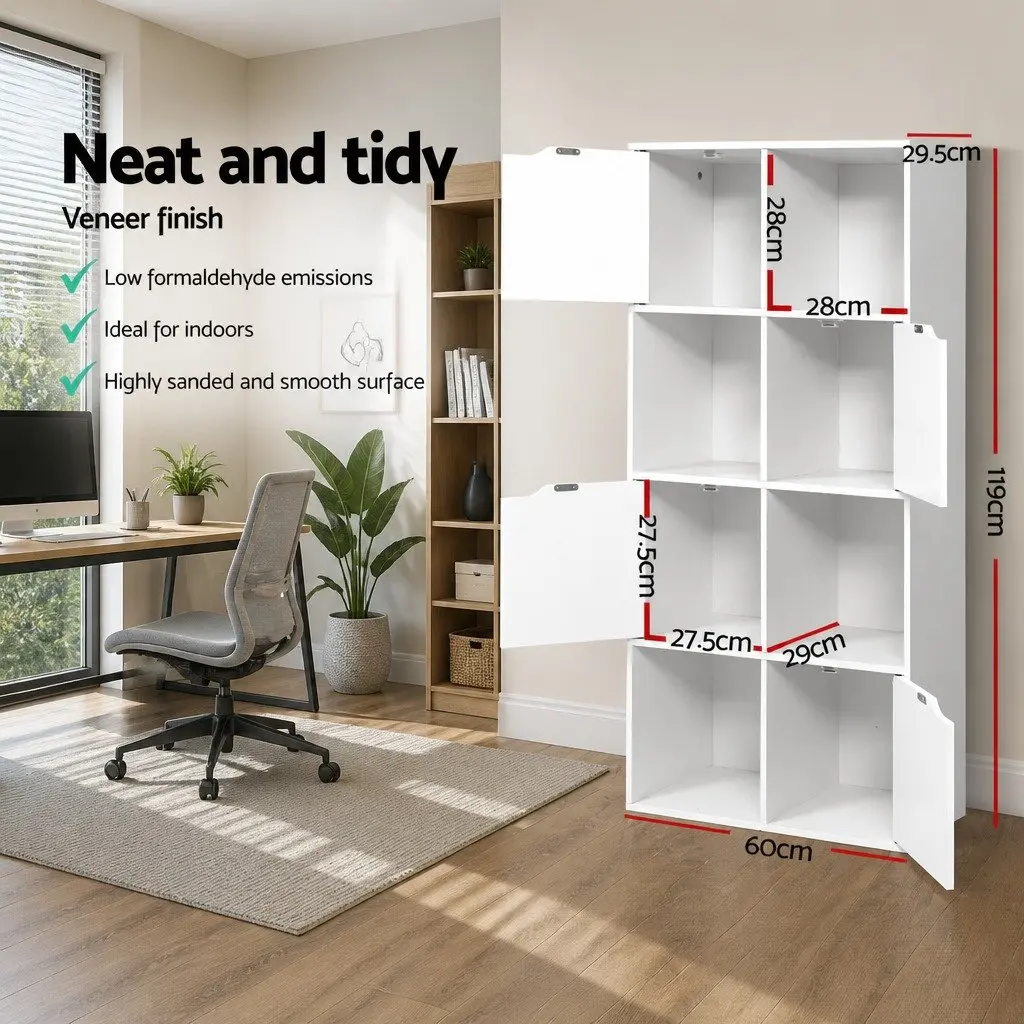 8 Cube Display Shelf White Storage Bookcase 4 Doors Open Shelves Modern Design