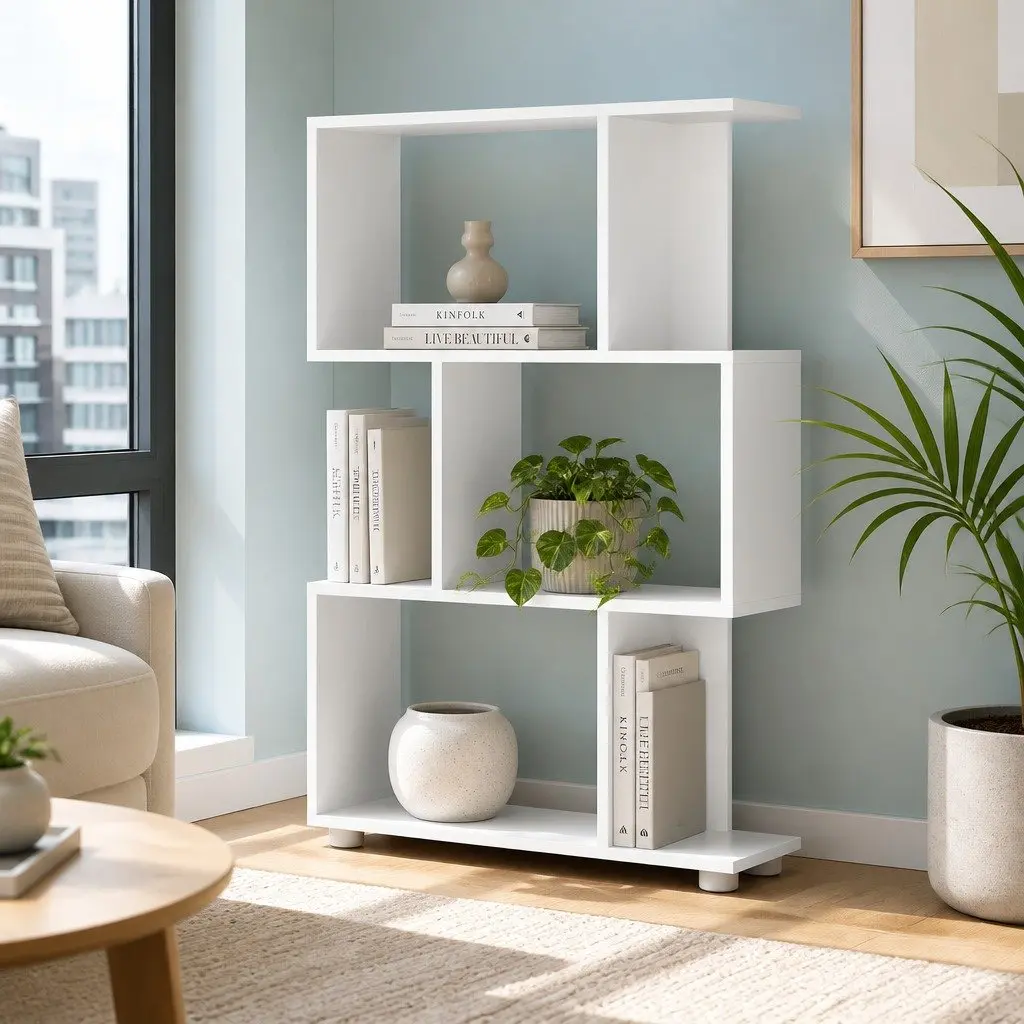 3-Tier Display Bookshelf White Zig-Zag Storage Unit 60cm W 23.5cm D 98cm H Particle Board