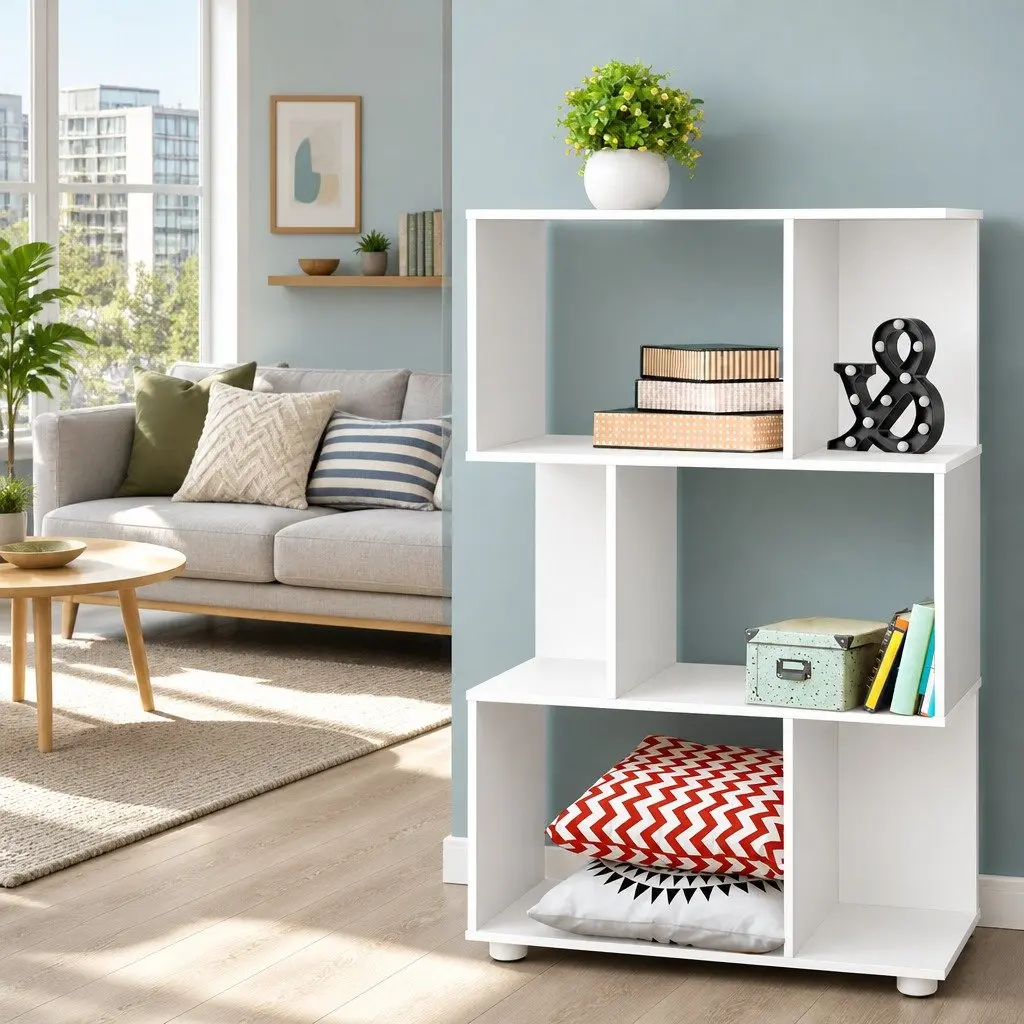 3-Tier Display Bookshelf White Zig-Zag Storage Unit 60cm W 23.5cm D 98cm H Particle Board