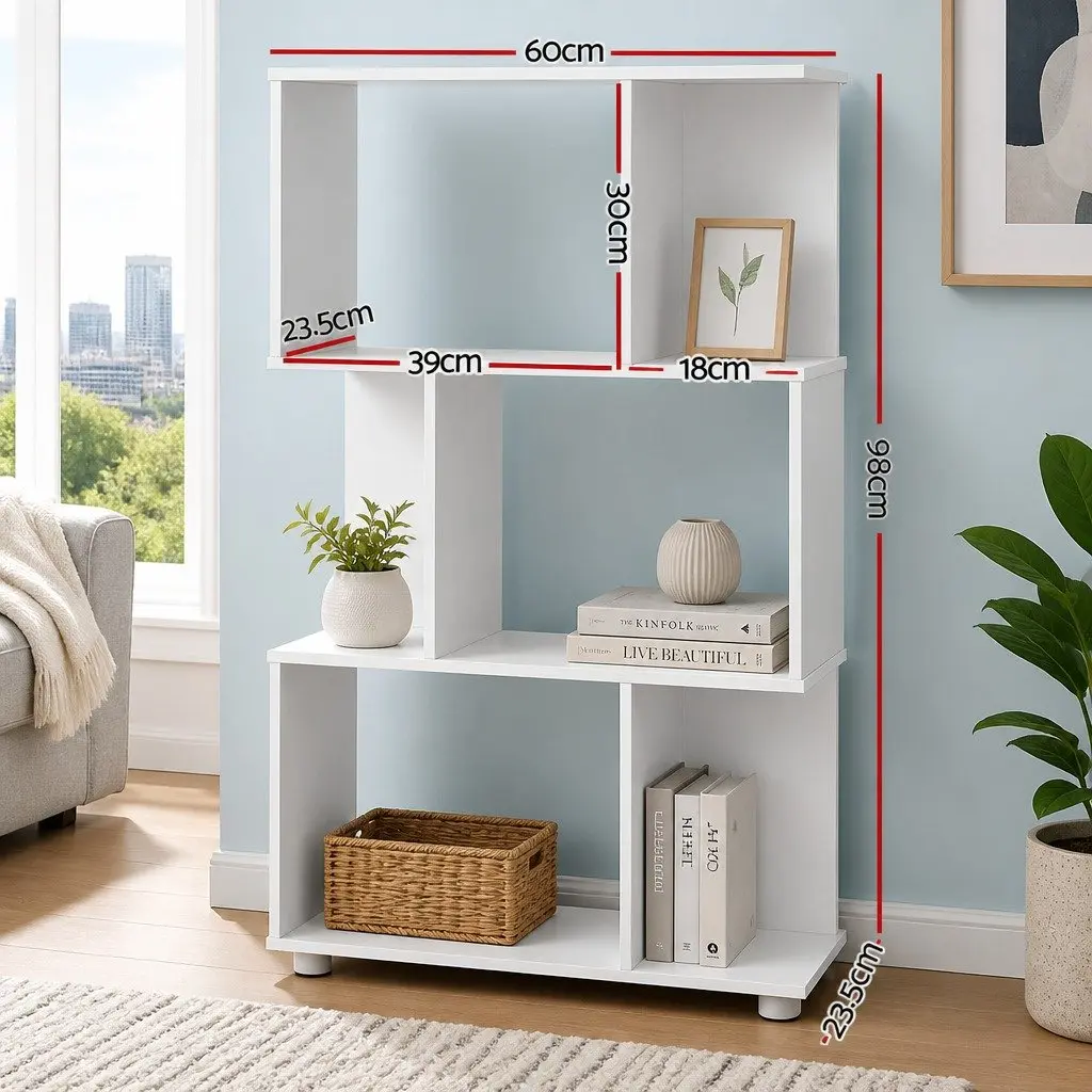 3-Tier Display Bookshelf White Zig-Zag Storage Unit 60cm W 23.5cm D 98cm H Particle Board