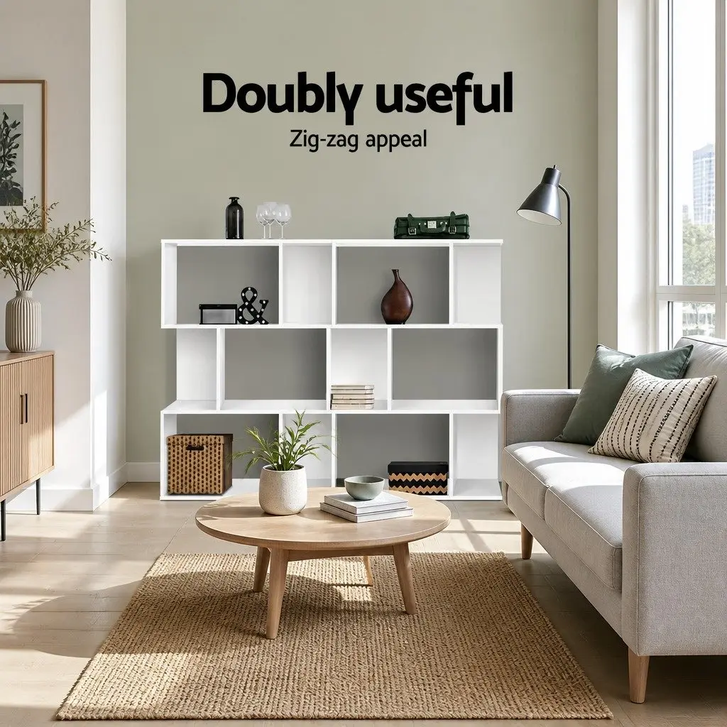 3-Tier Display Bookshelf White Zig-Zag Storage Unit 60cm W 23.5cm D 98cm H Particle Board
