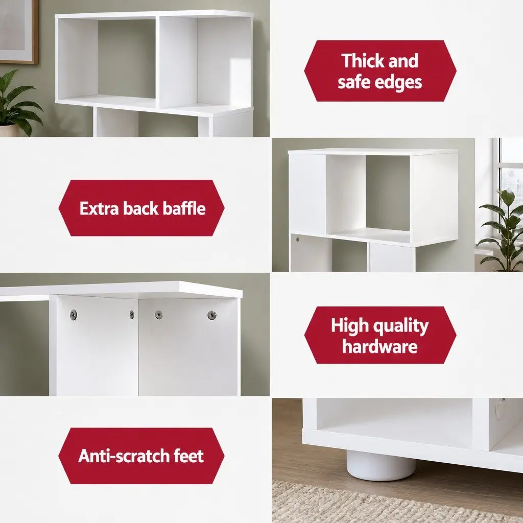 3-Tier Display Bookshelf White Zig-Zag Storage Unit 60cm W 23.5cm D 98cm H Particle Board