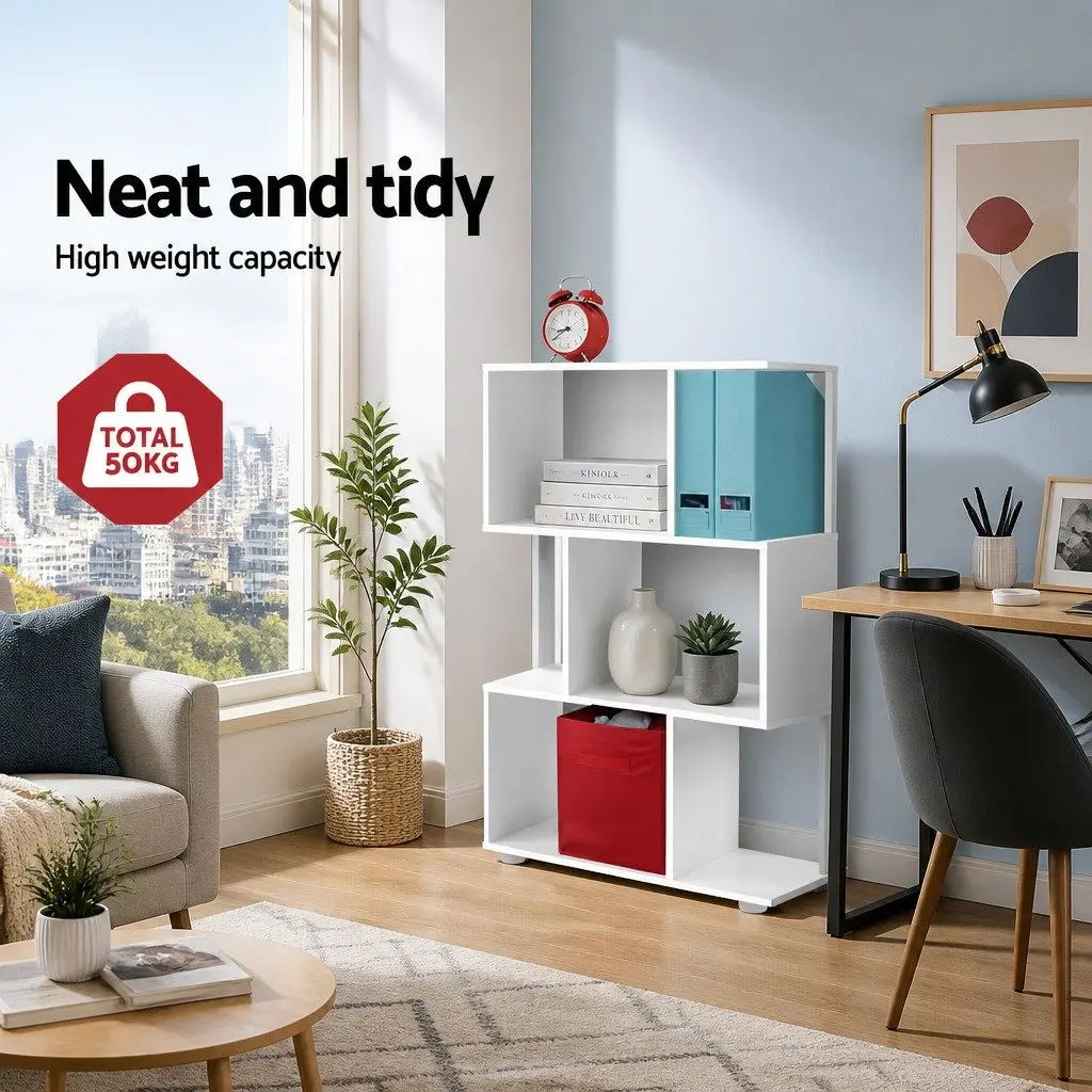 3-Tier Display Bookshelf White Zig-Zag Storage Unit 60cm W 23.5cm D 98cm H Particle Board
