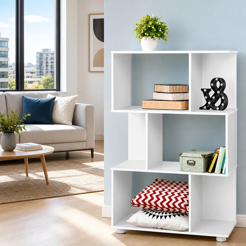 3-Tier Display Bookshelf White Zig-Zag Storage Unit 60cm W 23.5cm D 98cm H Particle Board