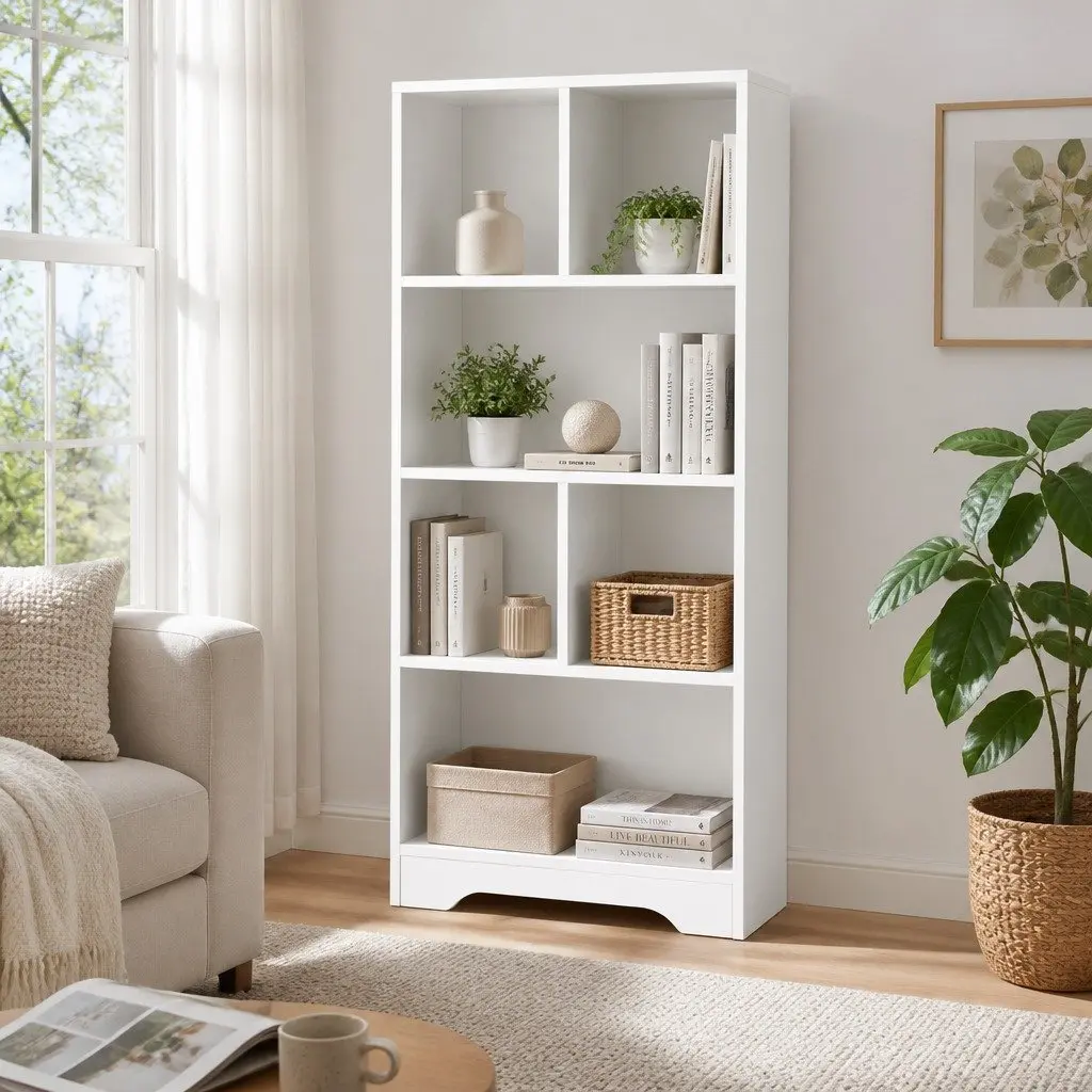 4-Tier Display Shelf White Bookcase Storage Unit Particle Board