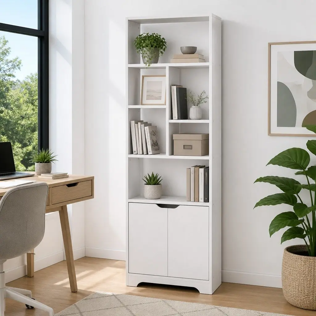 White 8-Tier Bookshelf with Cabinet Storage