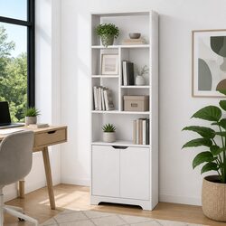 Elegant White 8-Tier Bookshelf with Cabinet Storage