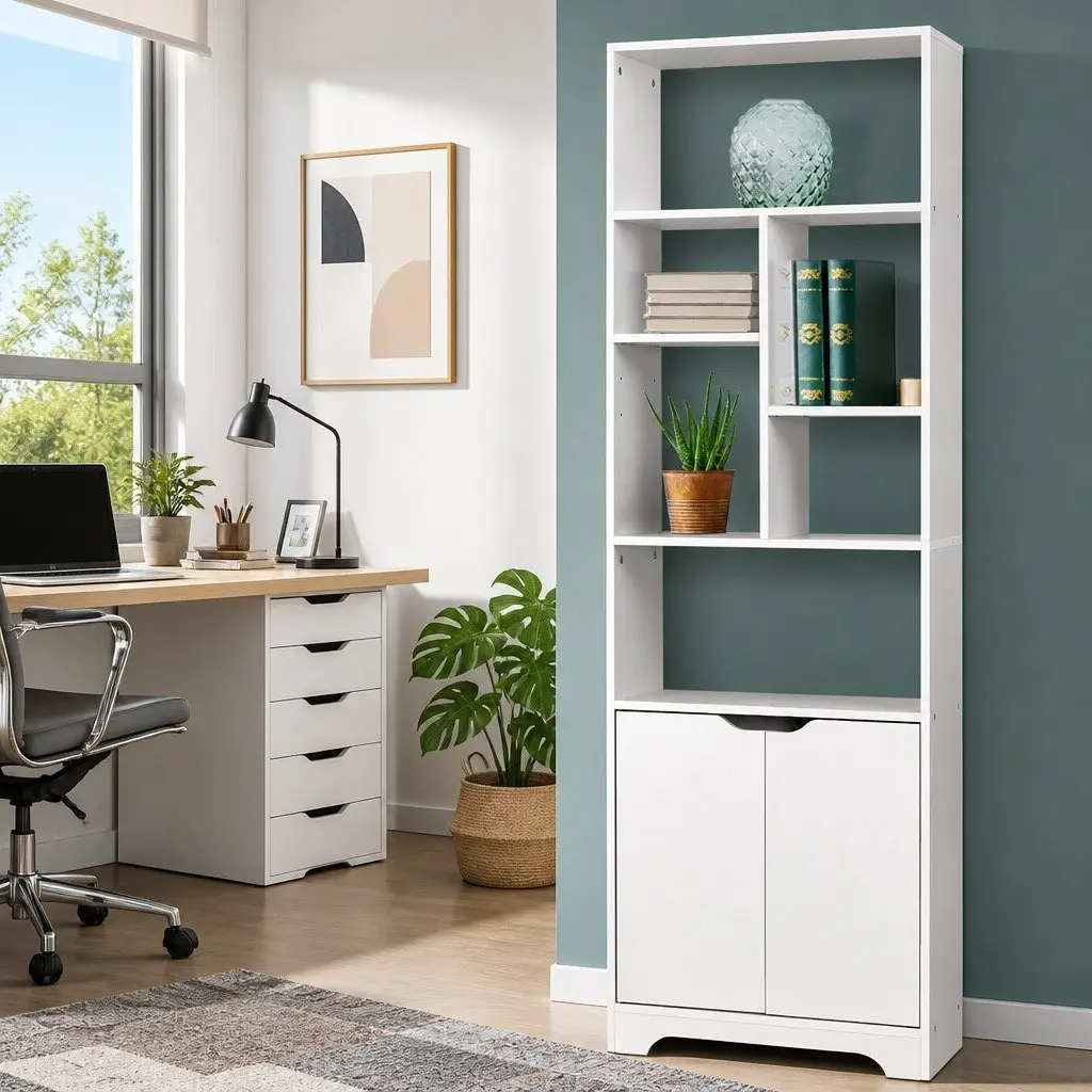 White Bookshelf Display Shelf Cabinet Storage Unit Living Room 180cm Particle Board