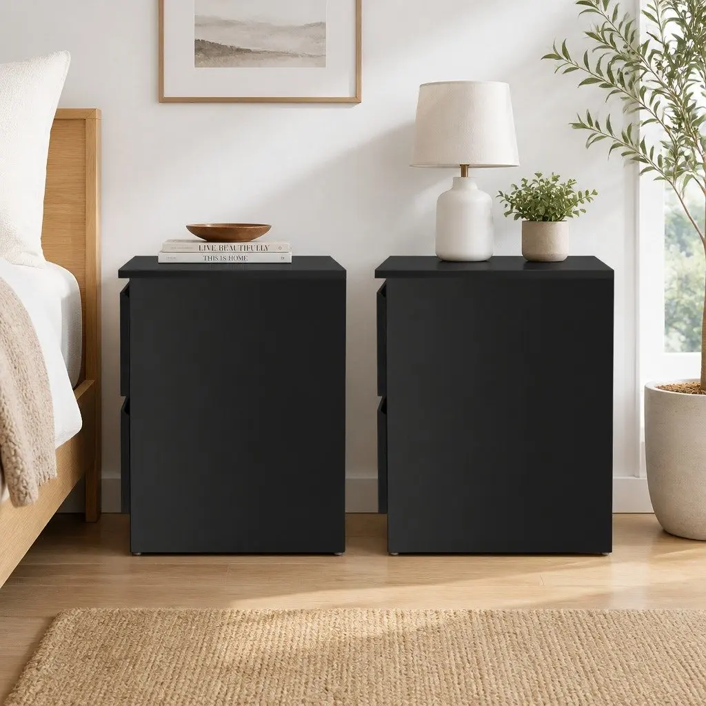 Black Bedside Table with 2 Drawers