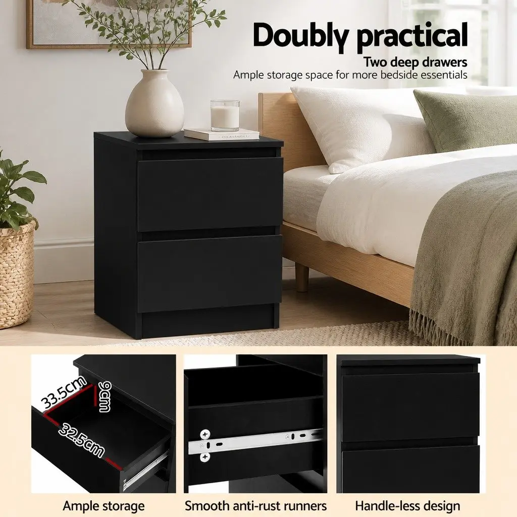 Black Bedside Table with 2 Drawers