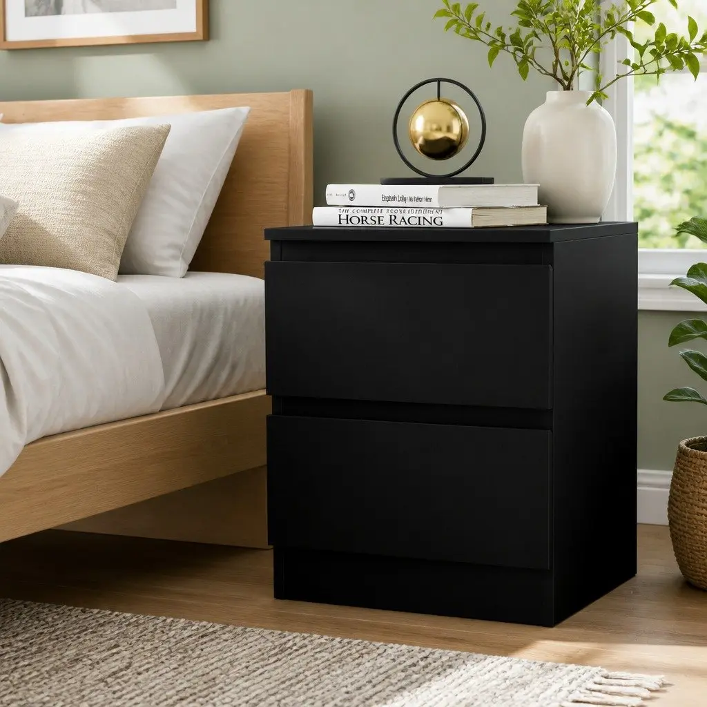 Bedside Table Black Modern 40cm x 39.5cm x 50cm Particle Board