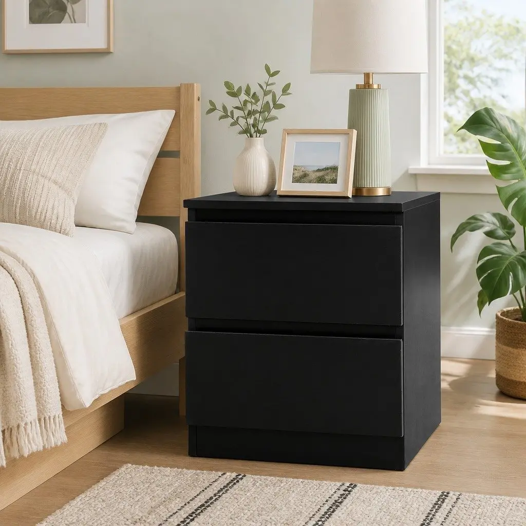Bedside Table Black Modern 40cm x 39.5cm x 50cm Particle Board