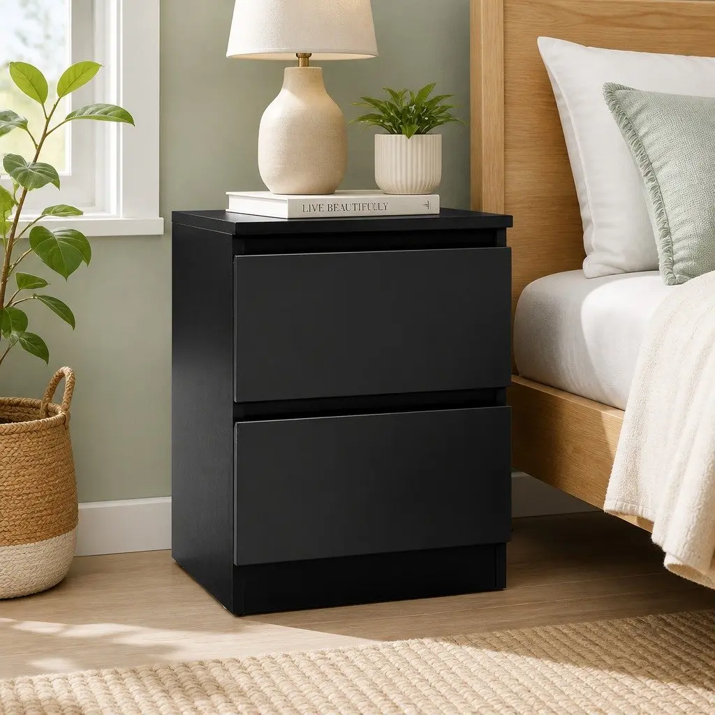 Bedside Table Black Modern 40cm x 39.5cm x 50cm Particle Board