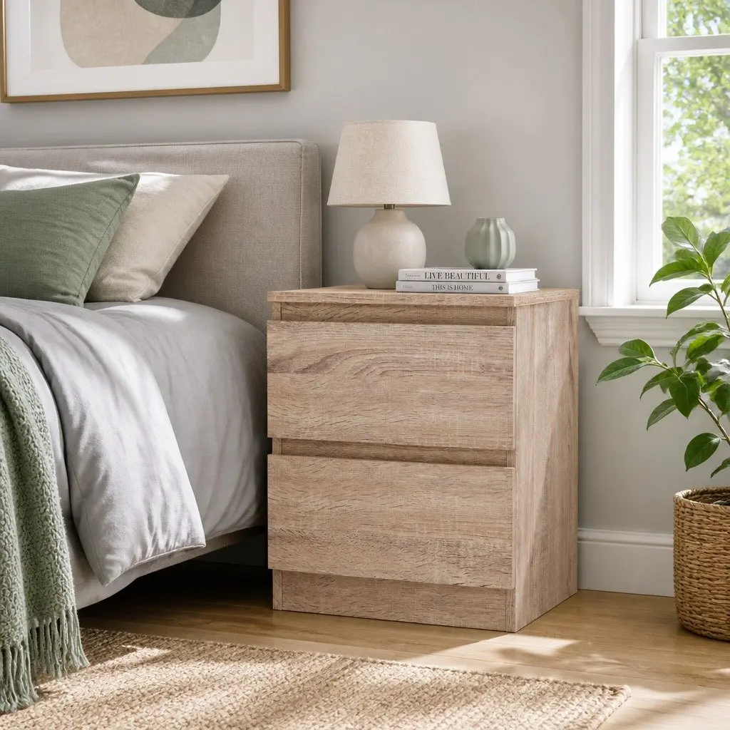 Bedside Table Light Wood Tone 40cm x 39.5cm x 50cm Particle Board 2 Drawers