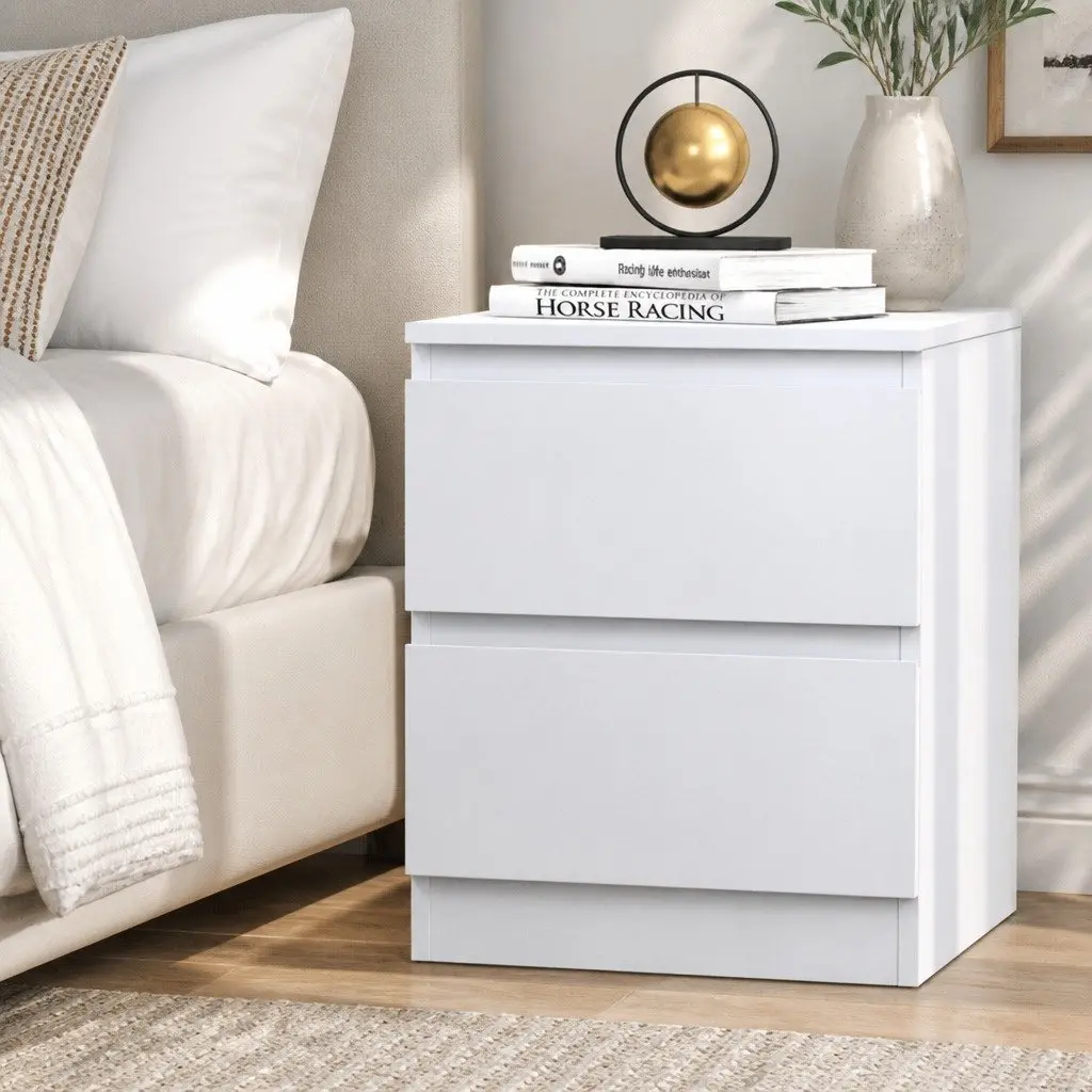 Bedside Table White Modern 2 Drawer Particle Board Storage Nightstand
