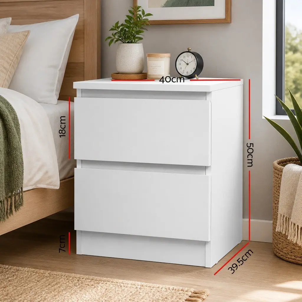 Bedside Table White Modern 2 Drawer Particle Board Storage Nightstand
