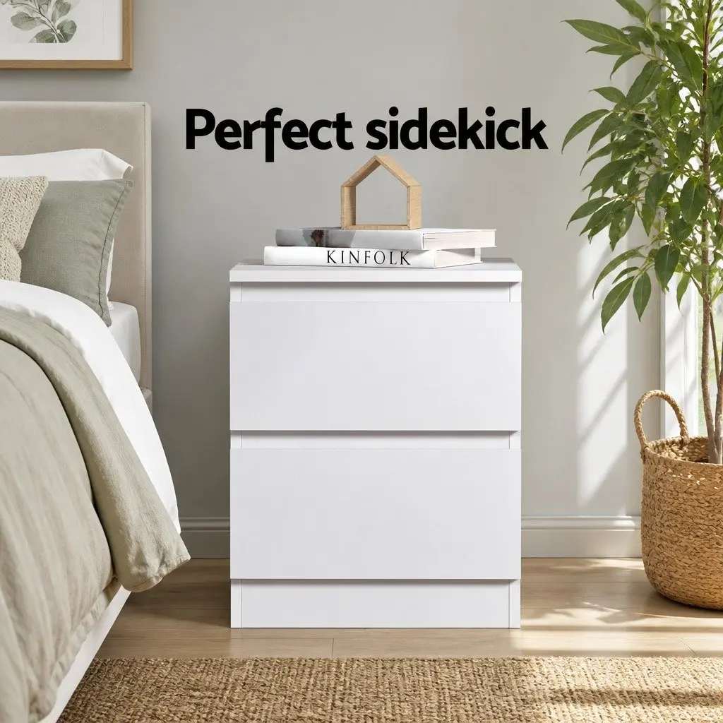Bedside Table White Modern 2 Drawer Particle Board Storage Nightstand