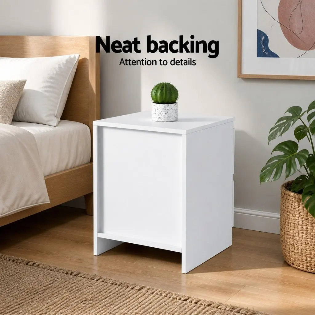 Bedside Table White Modern 2 Drawer Particle Board Storage Nightstand
