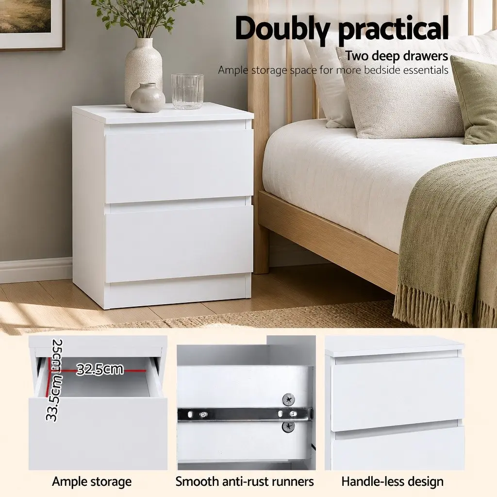Bedside Table White Modern 2 Drawer Particle Board Storage Nightstand
