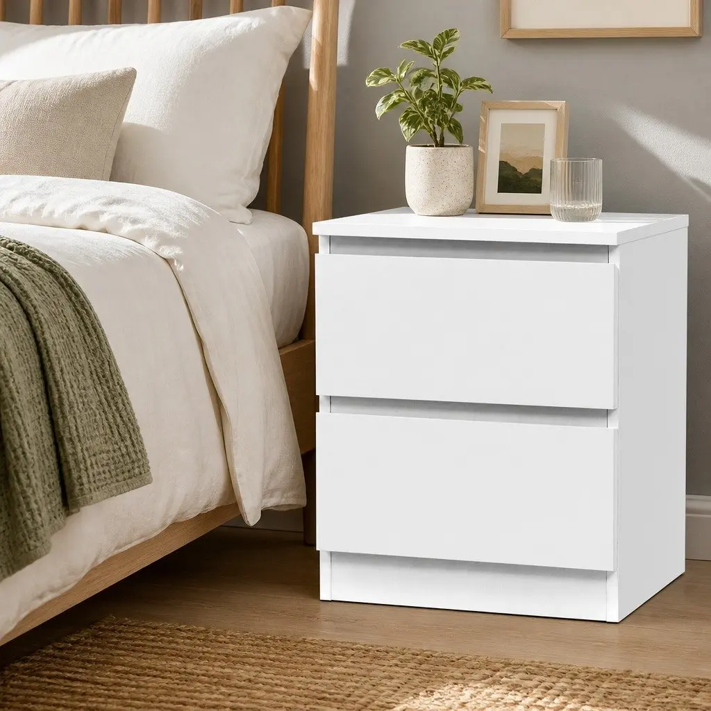 Bedside Table White Modern 2 Drawer Particle Board Storage Nightstand