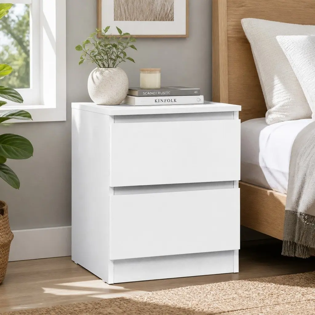 Bedside Table White Modern 2 Drawer Particle Board Storage Nightstand