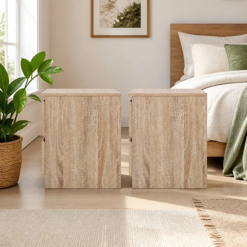 Bedside Table 2 Drawers Oak Wood Bedroom Storage Nightstand Modern Design