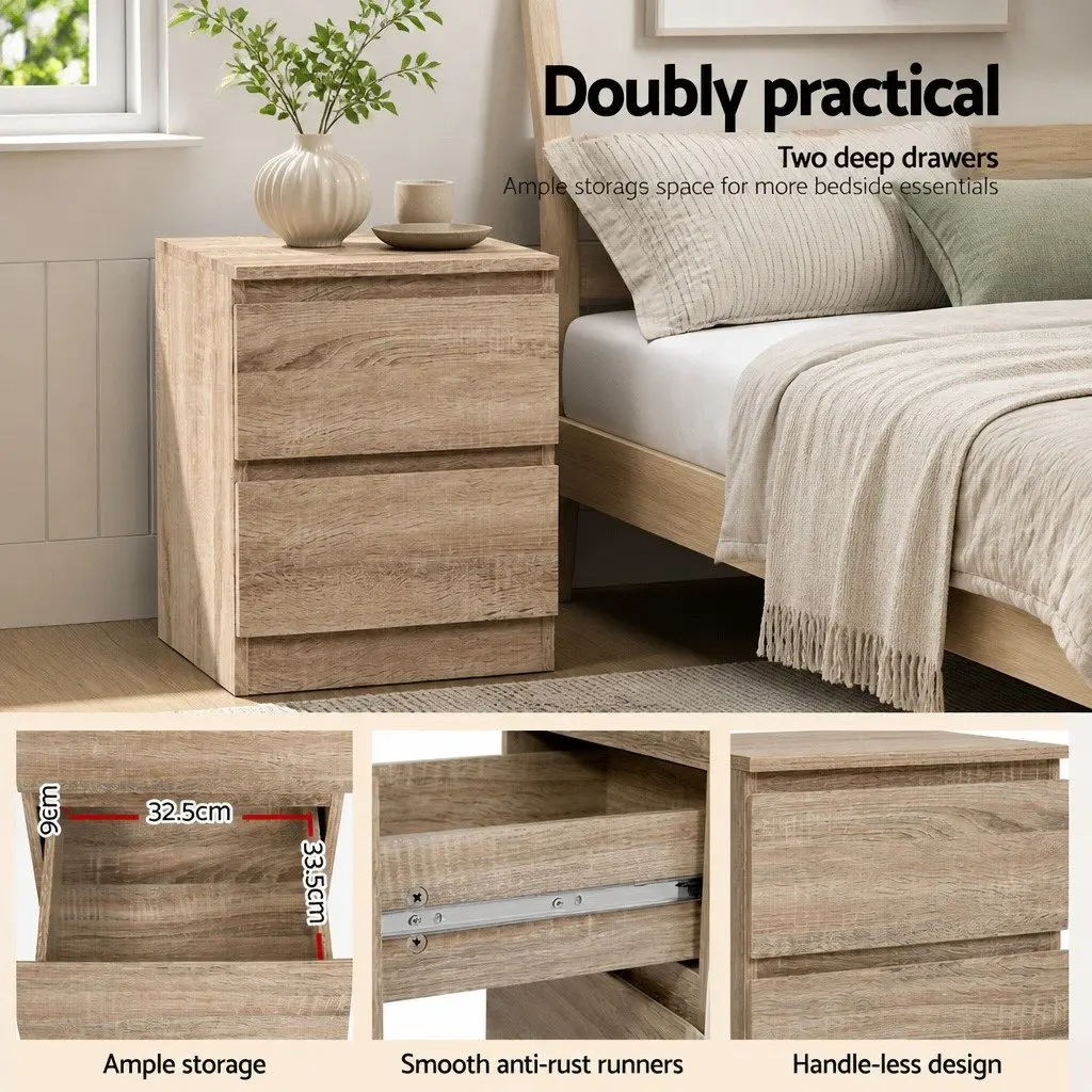 Bedside Table 2 Drawers Oak Wood Bedroom Storage Nightstand Modern Design