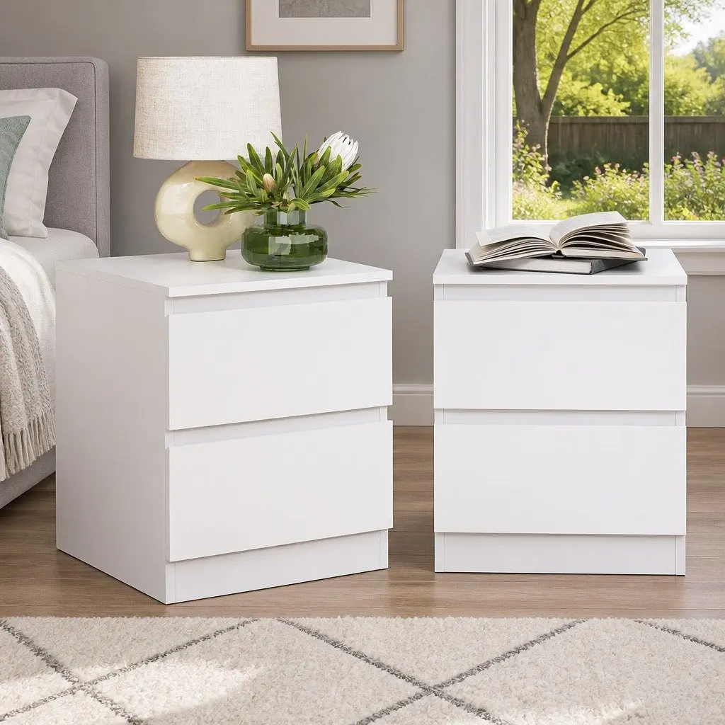 White Nightstand with 2 Drawers for Bedrooms