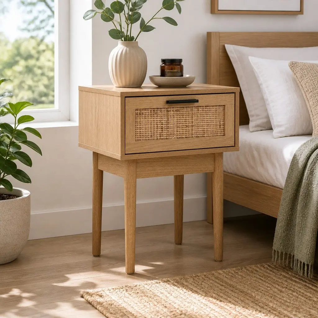 Bedside Table Rattan Drawer Light Wood Tone Storage Particle Board
